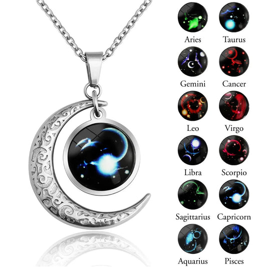 12 Constellation Moon Star Glowing Necklace Charm Jewelry Women Pendant Hollow Luminous Stone Pendant Necklace Gift