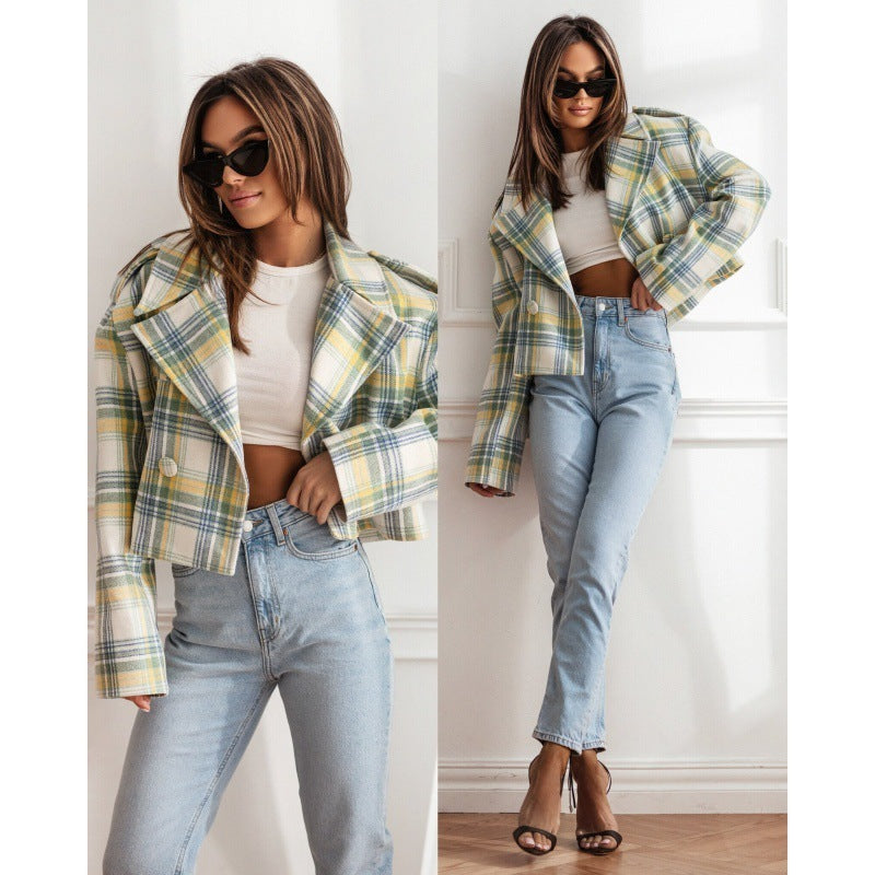 Fashion Tailored Collar Plaid Printed Woolen Coat