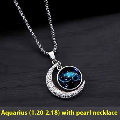 12 Constellation Moon Star Glowing Necklace Charm Jewelry Women Pendant Hollow Luminous Stone Pendant Necklace Gift