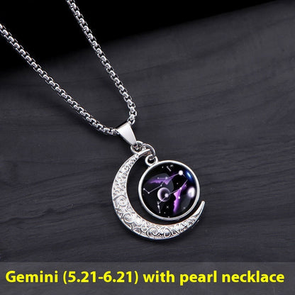 12 Constellation Moon Star Glowing Necklace Charm Jewelry Women Pendant Hollow Luminous Stone Pendant Necklace Gift