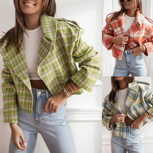 Fashion Tailored Collar Plaid Printed Woolen Coat