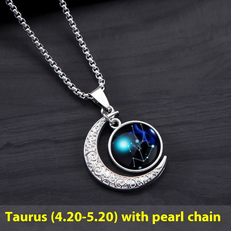 12 Constellation Moon Star Glowing Necklace Charm Jewelry Women Pendant Hollow Luminous Stone Pendant Necklace Gift