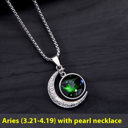 12 Constellation Moon Star Glowing Necklace Charm Jewelry Women Pendant Hollow Luminous Stone Pendant Necklace Gift