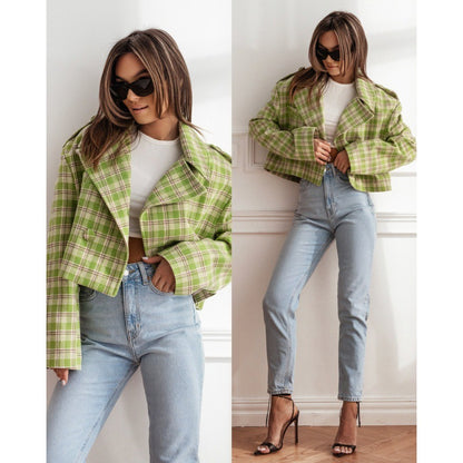 Fashion Tailored Collar Plaid Printed Woolen Coat